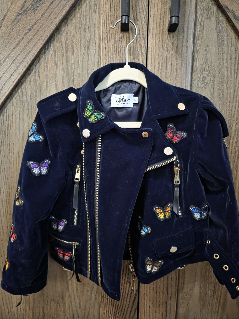 Lola + The Boys Navy Velvet Moto Jacket with Multicolor Butterfly Patches - Picture 2 of 5